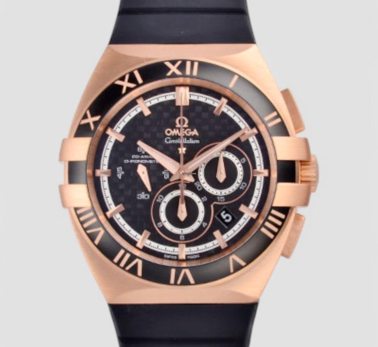 Omega Constellation Double Eagle Black Dial 18kt Rose Gold Black Rubber Automatic Men Watch