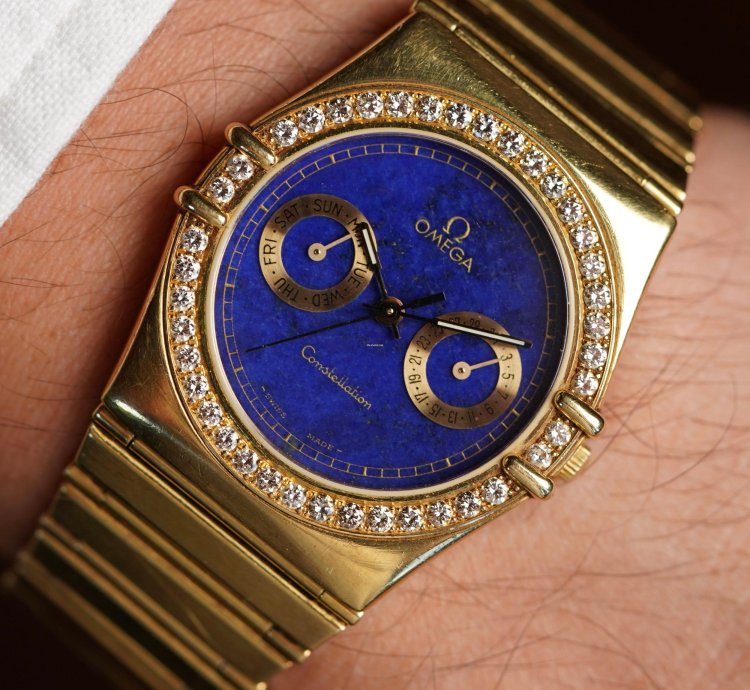 Omega Constellation Lapis Dial Diamond Bezel In 18k Yellow Gold