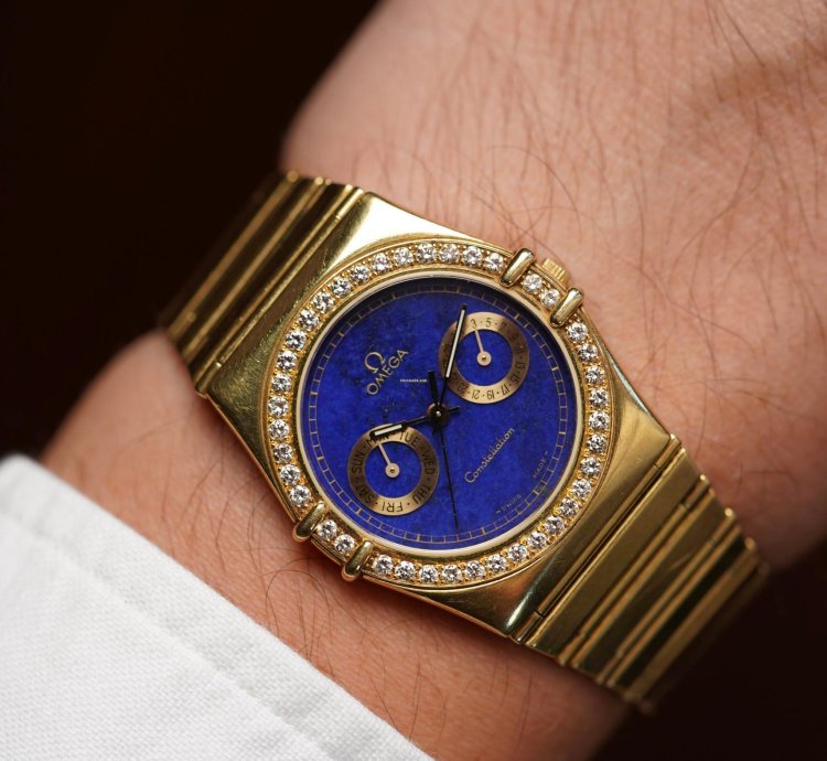 Omega Constellation Lapis Dial Diamond Bezel In 18k Yellow Gold