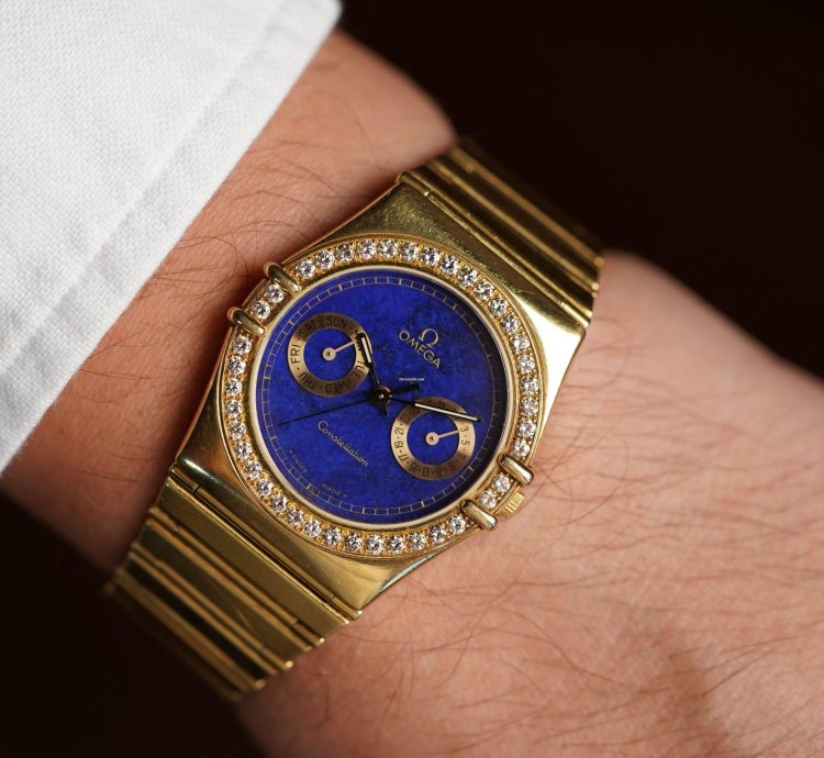 Omega Constellation Lapis Dial Diamond Bezel In 18k Yellow Gold