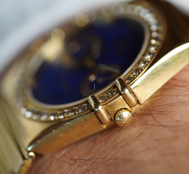 Omega Constellation Lapis Dial Diamond Bezel In 18k Yellow Gold