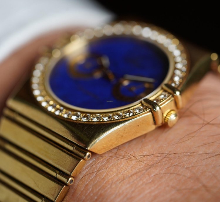Omega Constellation Lapis Dial Diamond Bezel In 18k Yellow Gold