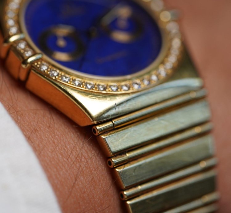 Omega Constellation Lapis Dial Diamond Bezel In 18k Yellow Gold