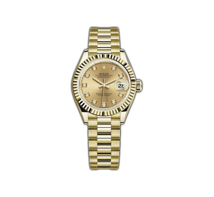 Rolex Lady-datejust 28mm 18k Yellow Gold Champagne Diamond Dial President Bracelet