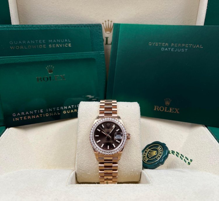 Rolex Lady-datejust 28mm Chocolate Index Dial Diamond Bezel Rose Gold Presidential Unworn 2022