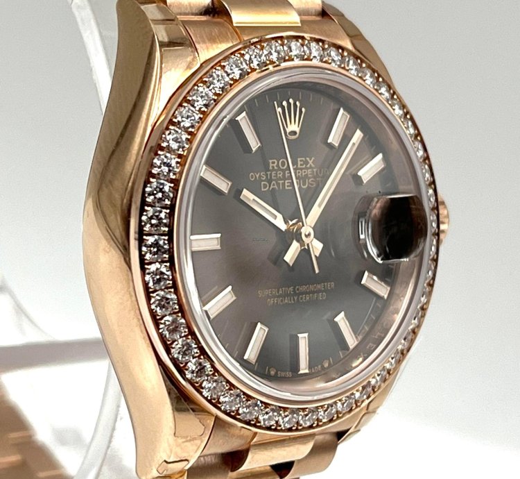 Rolex Lady-datejust 28mm Chocolate Index Dial Diamond Bezel Rose Gold Presidential Unworn 2022