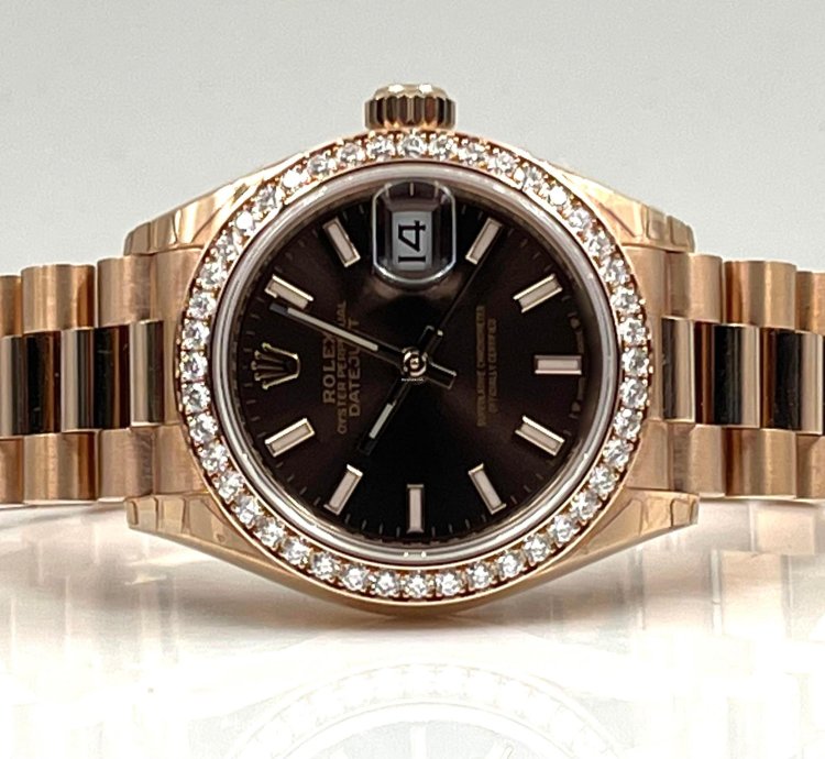 Rolex Lady-datejust 28mm Chocolate Index Dial Diamond Bezel Rose Gold Presidential Unworn 2022