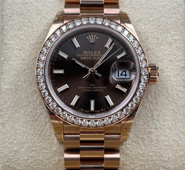 Rolex Lady-datejust 28mm Chocolate Index Dial Diamond Bezel Rose Gold Presidential Unworn 2022