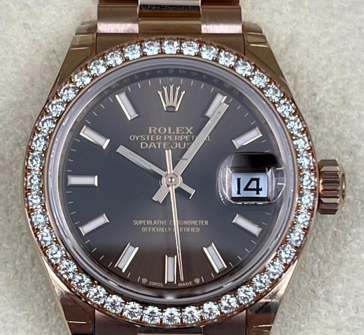 Rolex Lady-datejust 28mm Chocolate Index Dial Diamond Bezel Rose Gold Presidential Unworn 2022