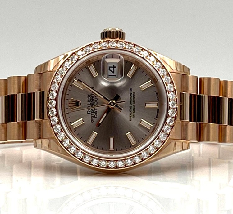 Rolex Lady-datejust 28mm Sundust Index Dial Diamond Bezel Rose Gold Presidential Unworn 2022