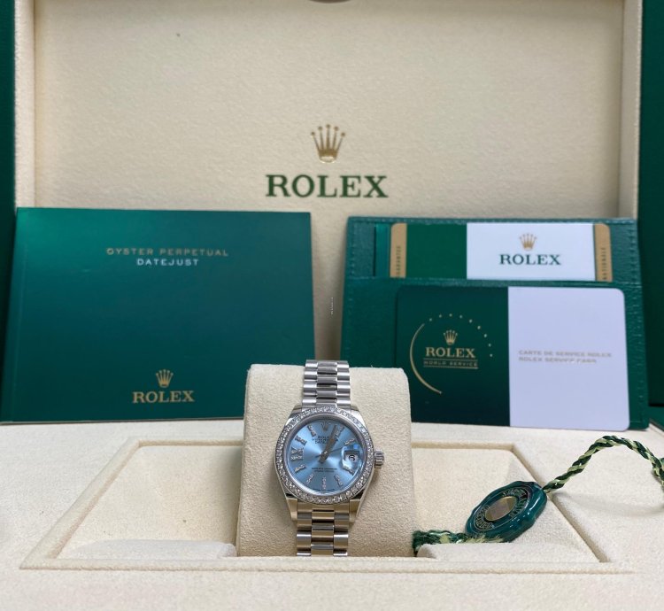 Rolex Lady-datejust Like New 2018 Lady-datejust Platinum President Ice Blue Diamond Dial Diamond Bezel