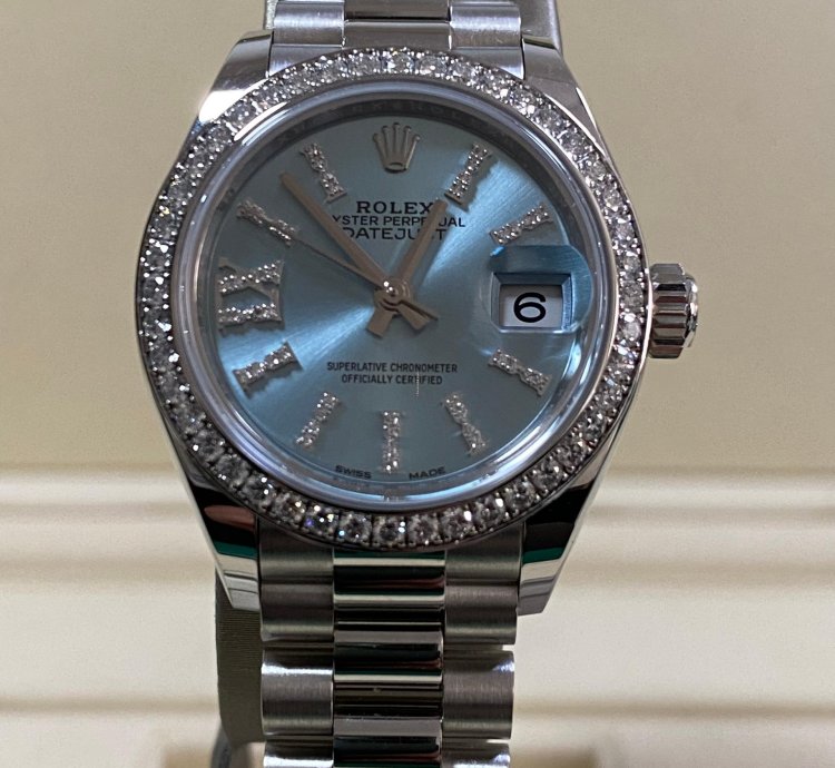 Rolex Lady-datejust Like New 2018 Lady-datejust Platinum President Ice Blue Diamond Dial Diamond Bezel