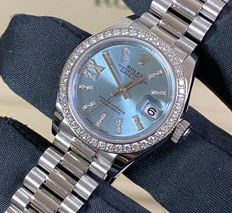 Rolex Lady-datejust Like New 2018 Lady-datejust Platinum President Ice Blue Diamond Dial Diamond Bezel