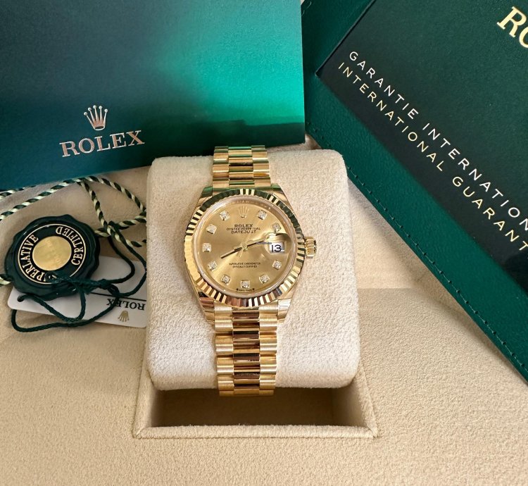 Rolex Lady-datejust New 2023 Champagne Diamond Dial President Bracelet 18k Yellow Gold Fluted