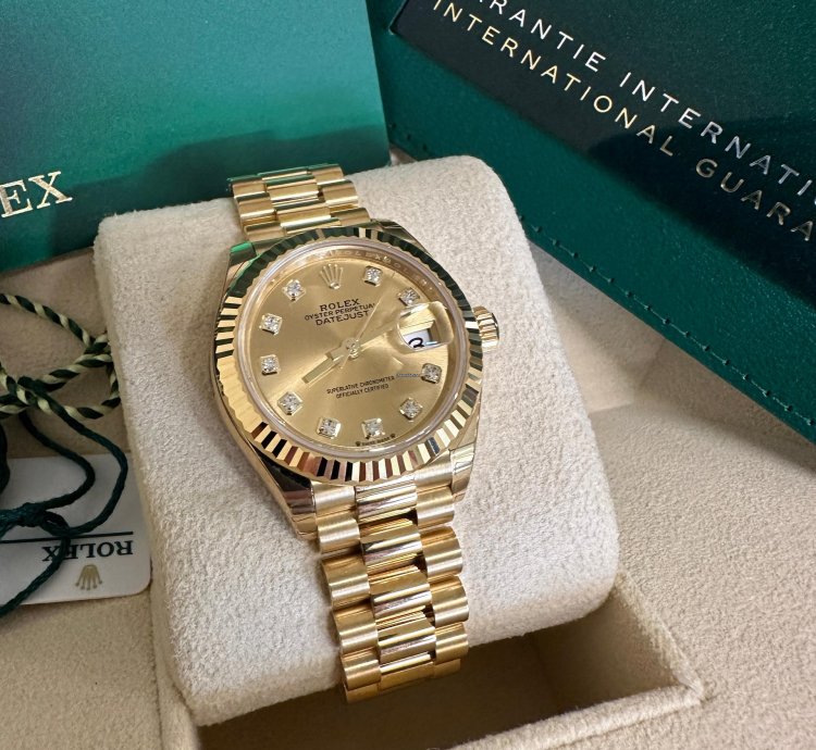 Rolex Lady-datejust New 2023 Champagne Diamond Dial President Bracelet 18k Yellow Gold Fluted