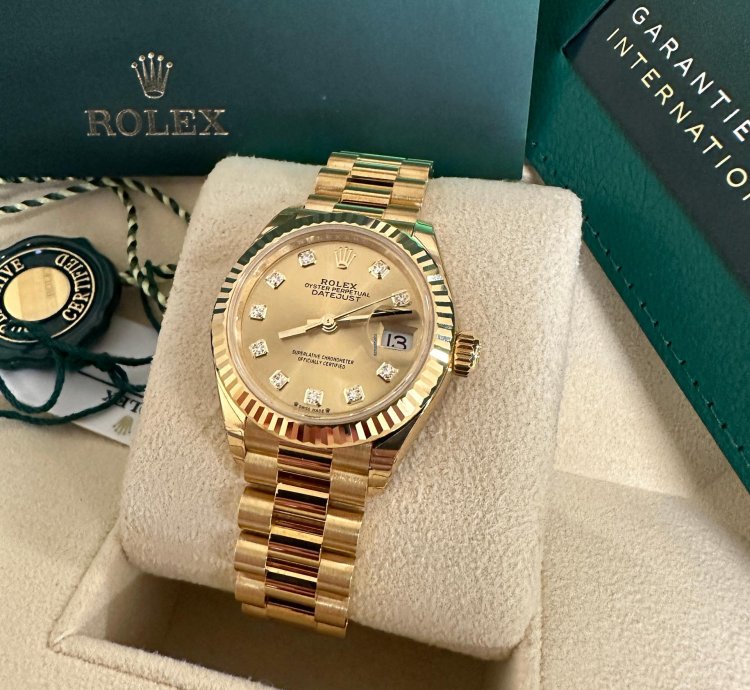 Rolex Lady-datejust New 2023 Champagne Diamond Dial President Bracelet 18k Yellow Gold Fluted