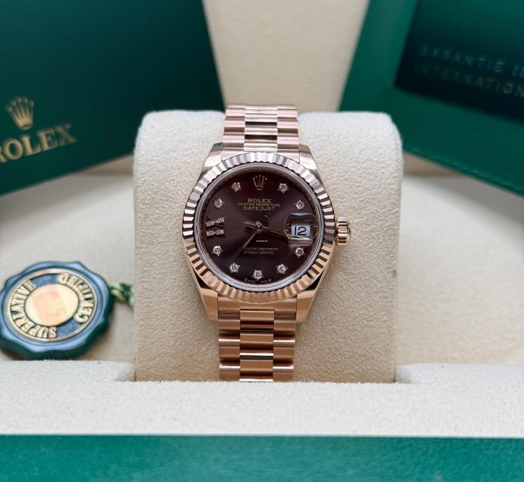 Rolex Lady-datejust New 2025 Chocolate Star Diamond Dial Rose Gold Fluted President