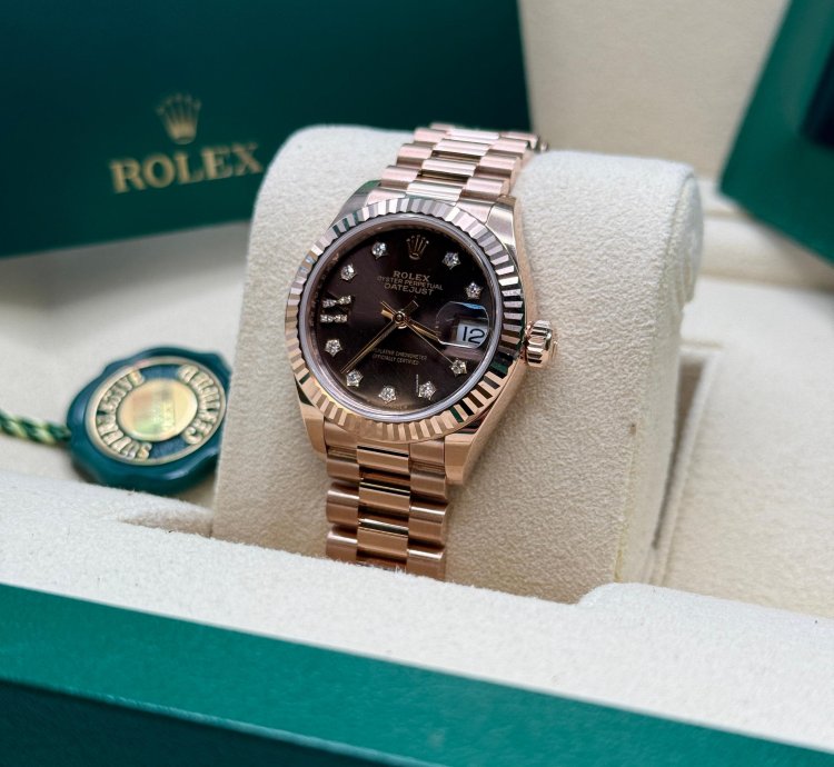 Rolex Lady-datejust New 2025 Chocolate Star Diamond Dial Rose Gold Fluted President