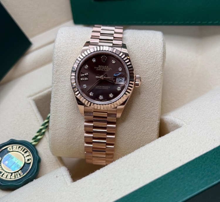 Rolex Lady-datejust New 2025 Chocolate Star Diamond Dial Rose Gold Fluted President