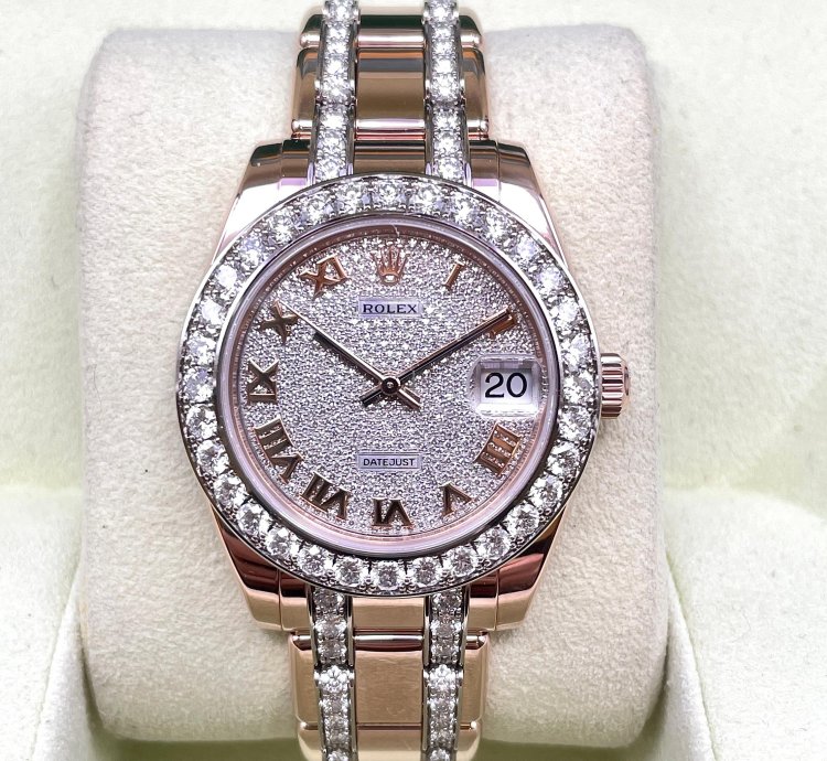 Rolex Lady-datejust Pearlmaster Rosegold Factory Orig Diamond Setting 34mm Box Papers Like New