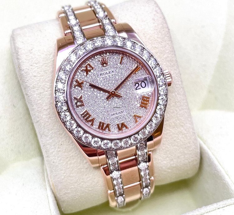 Rolex Lady-datejust Pearlmaster Rosegold Factory Orig Diamond Setting 34mm Box Papers Like New