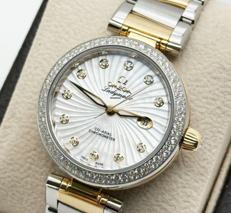 Omega De Ville Ladymatic 425 25 34 20 55 002 Mop Diamonds 18k Yellow Gold Steel
