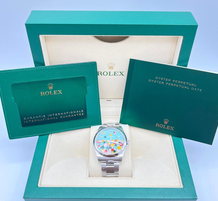 Rolex Oyster Perpetual 41 Turquoise Blue Celebration Motif Index Dial
