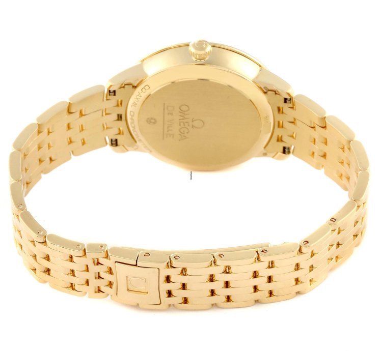 Omega De Ville Prestige Yellow Gold Mother Of Pearl Diamond Ladies Watch 424 55 33 20 55 005 Box Card
