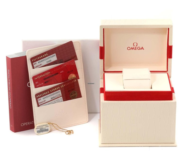 Omega De Ville Prestige Yellow Gold Mother Of Pearl Diamond Ladies Watch 424 55 33 20 55 005 Box Card