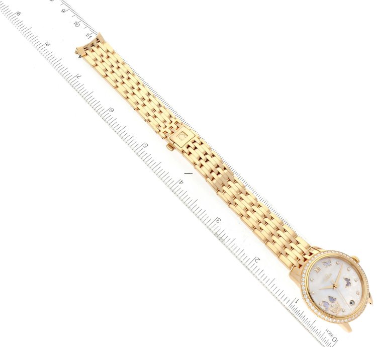Omega De Ville Prestige Yellow Gold Mother Of Pearl Diamond Ladies Watch 424 55 33 20 55 005 Box Card