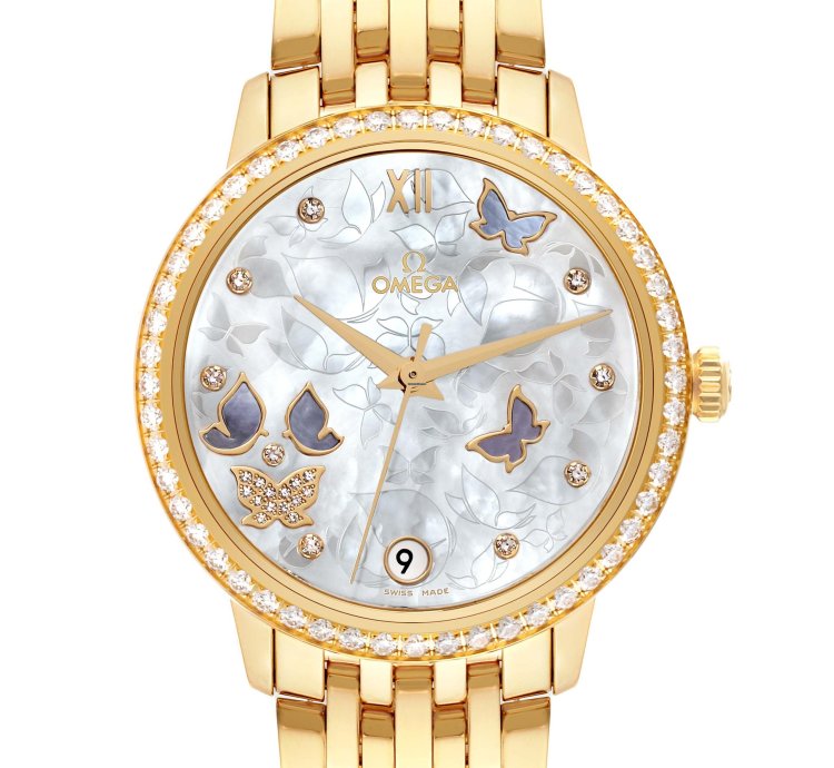 Omega De Ville Prestige Yellow Gold Mother Of Pearl Diamond Ladies Watch 424 55 33 20 55 005 Box Card