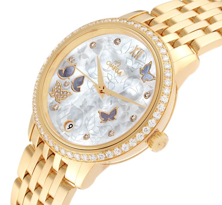 Omega De Ville Prestige Yellow Gold Mother Of Pearl Diamond Ladies Watch 424 55 33 20 55 005 Box Card