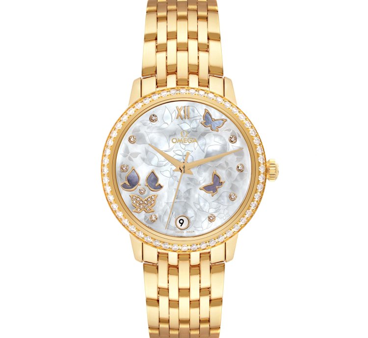 Omega De Ville Prestige Yellow Gold Mother Of Pearl Diamond Ladies Watch 424 55 33 20 55 005 Box Card