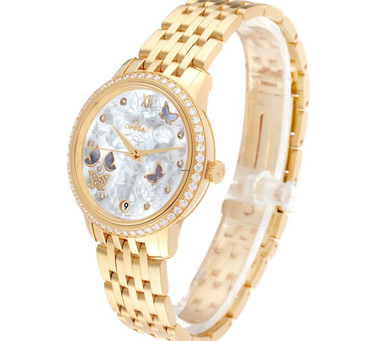Omega De Ville Prestige Yellow Gold Mother Of Pearl Diamond Ladies Watch 424 55 33 20 55 005 Box Card
