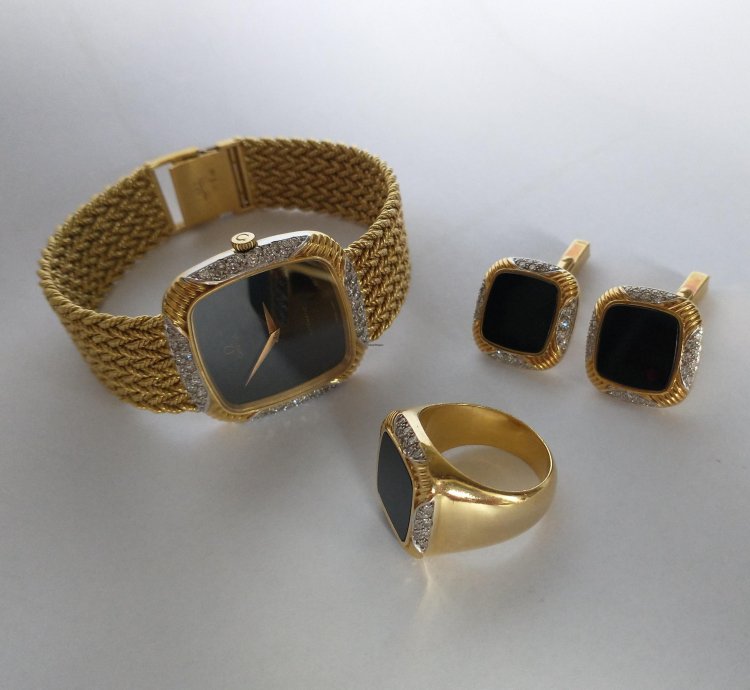 Omega Gold Set With Cufflinks And Ring Automatic Diamonds Onyx