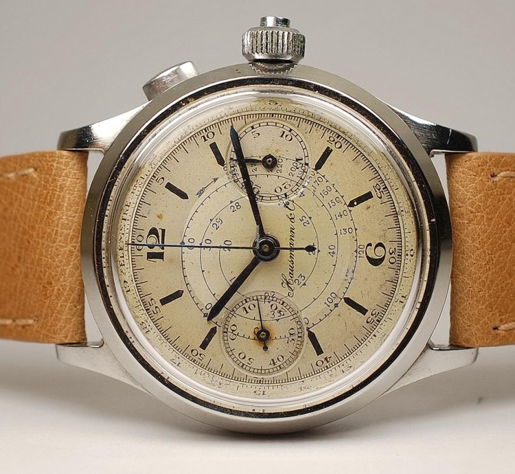 Omega Hausmann Staybrite Chronograph With Crown Return From 30s 40s Original Dial - Cronografo