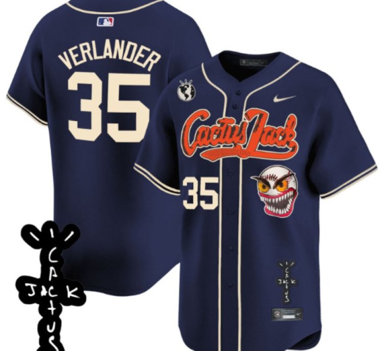 Justin Verlander 35 Houston Astros Cactus Jack Patch V2 Men Jersey - Navy