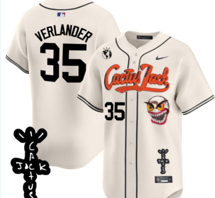 Justin Verlander 35 Houston Astros Cactus Jack Patch V2 Men Jersey - Cream