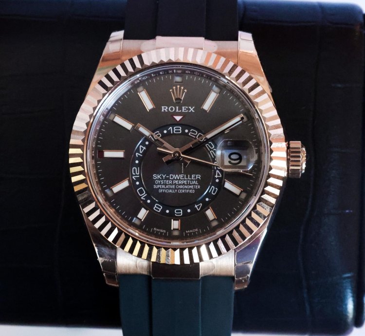 Rolex Sky-dweller 18k Rg Rhodium 326235 2022 Unworn 42mm Fluted 18k Rose Gold Oysterflex Full Set