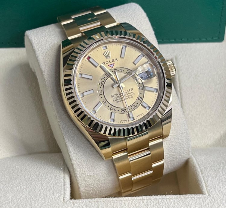 Rolex Sky-dweller 2023 326938 Sky-dweller Yellow Gold Champagne Stick Dial Unworn In Stock