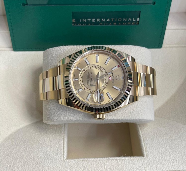 Rolex Sky-dweller 2023 326938 Sky-dweller Yellow Gold Champagne Stick Dial Unworn In Stock