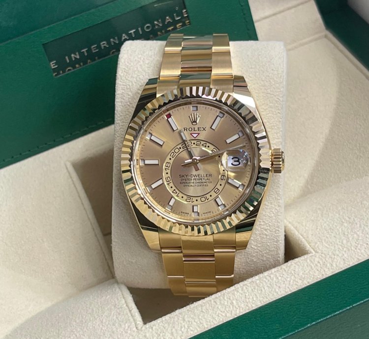 Rolex Sky-dweller 2023 326938 Sky-dweller Yellow Gold Champagne Stick Dial Unworn In Stock