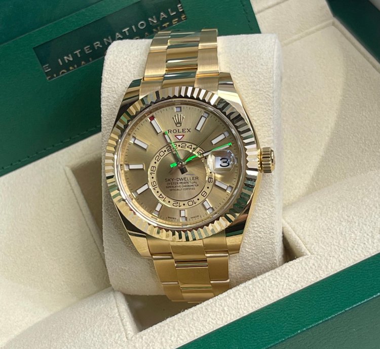 Rolex Sky-dweller 2023 326938 Sky-dweller Yellow Gold Champagne Stick Dial Unworn In Stock