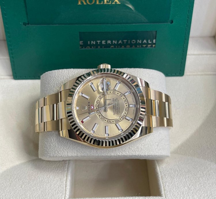 Rolex Sky-dweller 2023 326938 Sky-dweller Yellow Gold Champagne Stick Dial Unworn In Stock