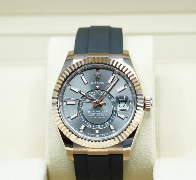Rolex Sky-dweller 2024 Rose Gold Sky-dweller Oysterflex Rhodium Dial Unworn Box Papers 336235