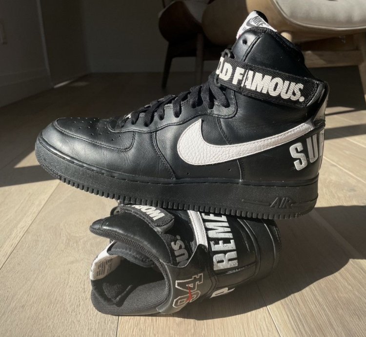 2014 Size 12 Supreme Nike Air Force 1 High Black World Famous