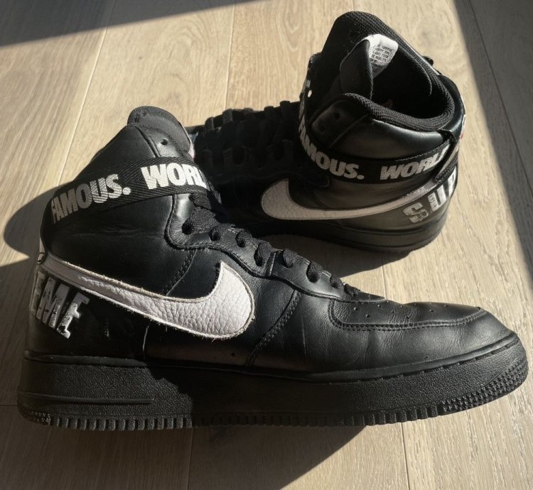 2014 Size 12 Supreme Nike Air Force 1 High Black World Famous
