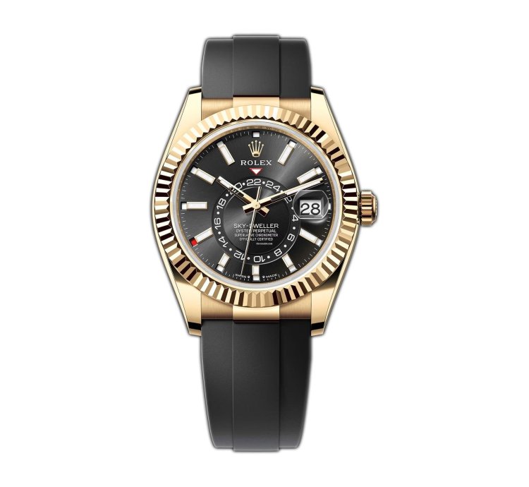 Rolex Sky-dweller 42mm 18k Yellow Gold Bright Black Dial Oysterflex