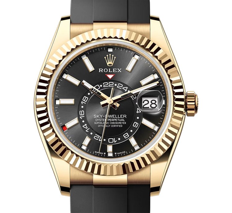 Rolex Sky-dweller 42mm 18k Yellow Gold Bright Black Dial Oysterflex