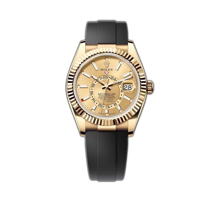Rolex Sky-dweller 42mm 18k Yellow Gold Champagne Dial Oysterflex